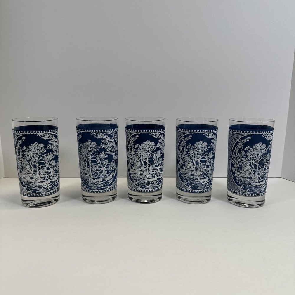 Set of 5 Vintage Currier and Ives Old Grist Mill Blue and White Glass Tumblers